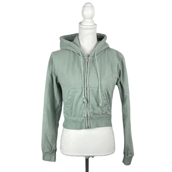 John Galt California Brandy Melville Sage Green Cropped Zip Front Hoodie Pockets - Picture 9 of 9